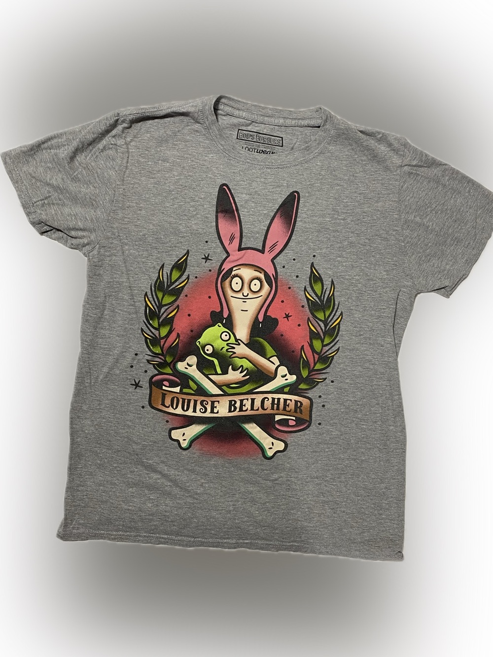 Louise Belcher Graphic Short Sleeve Tee - Gray with Pink and Green Print